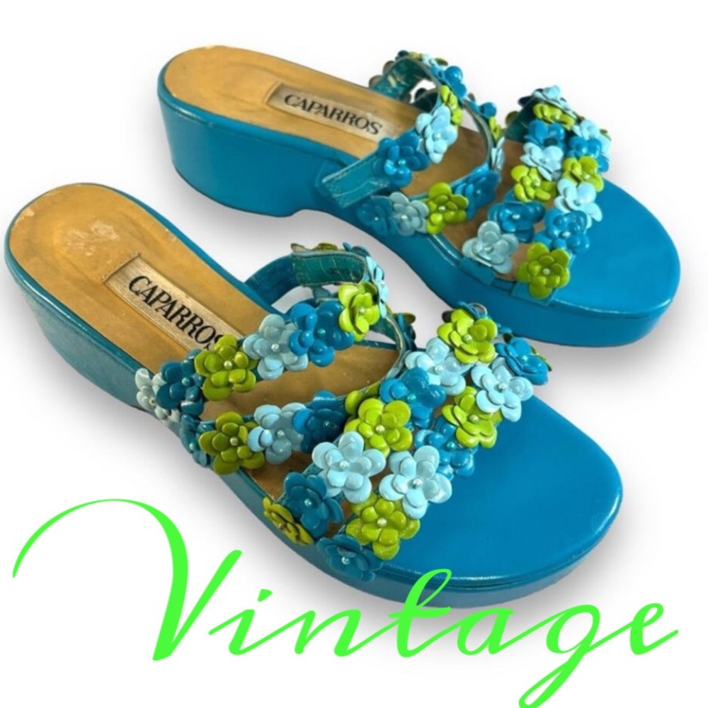 VINTAGE CAPARROS Turquoise Lime Floral and Bead Slide Platform Sandals SZ 6.5